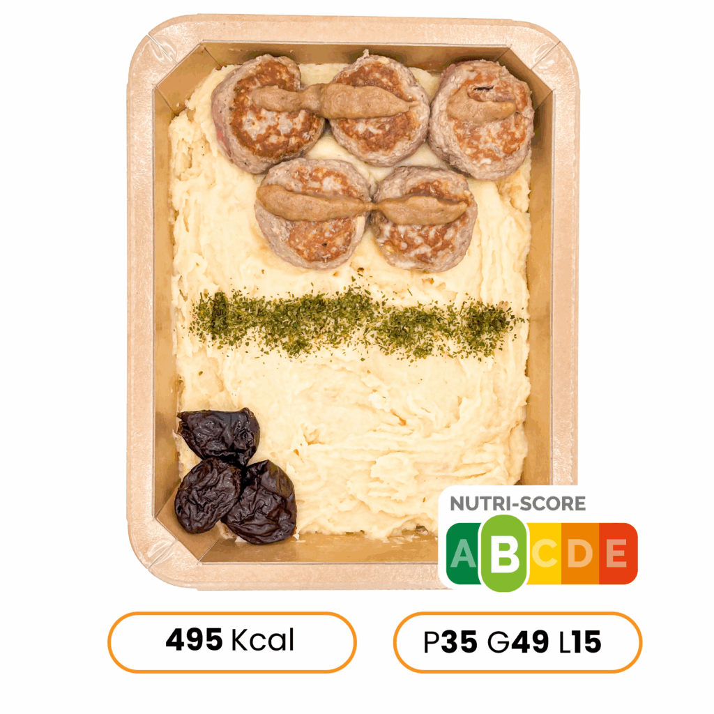 Boulettes de bœuf sauce pruneaux–cannelle & purée de céleri rave