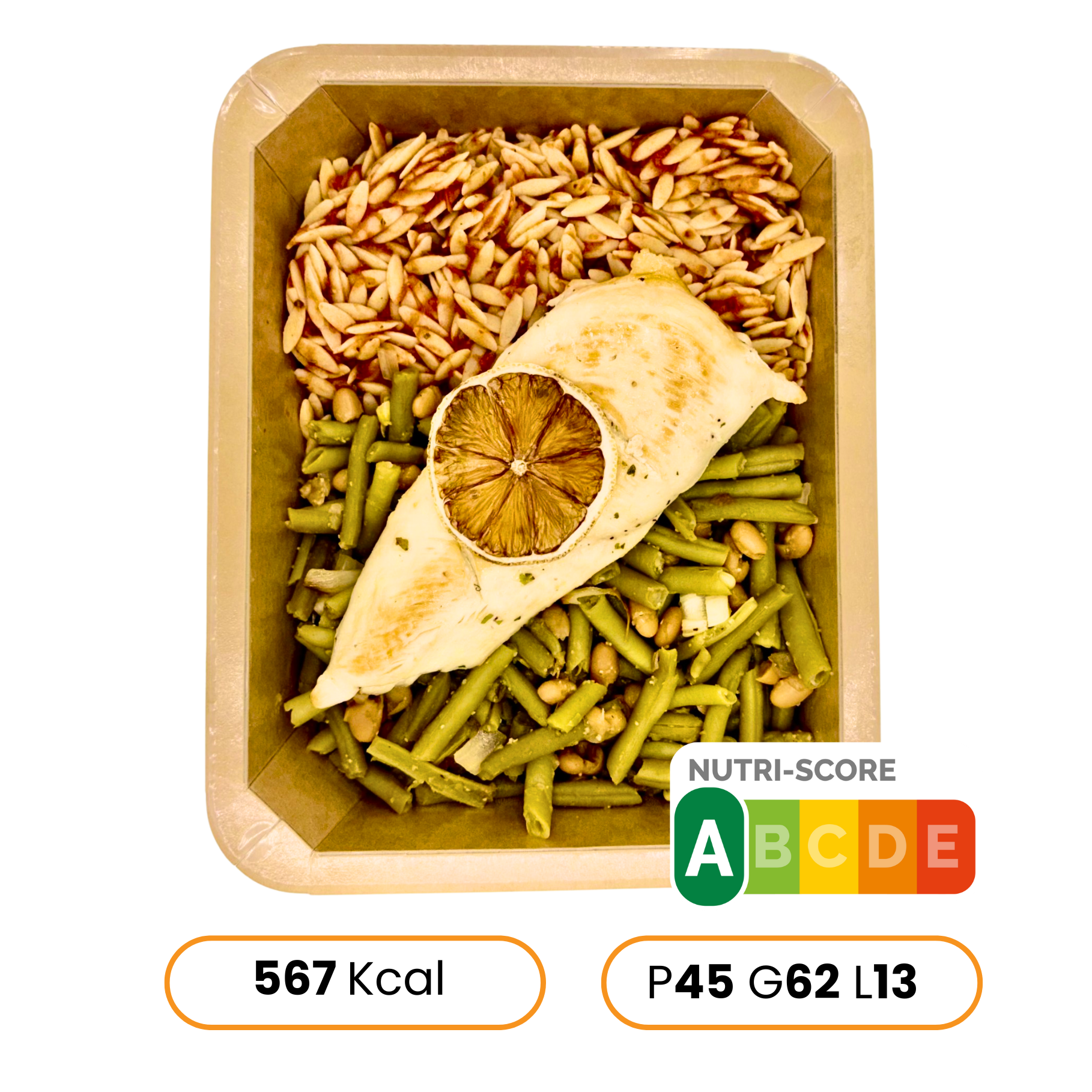 Poulet citron & orzo sauce tomate, haricots verts et haricots blancs