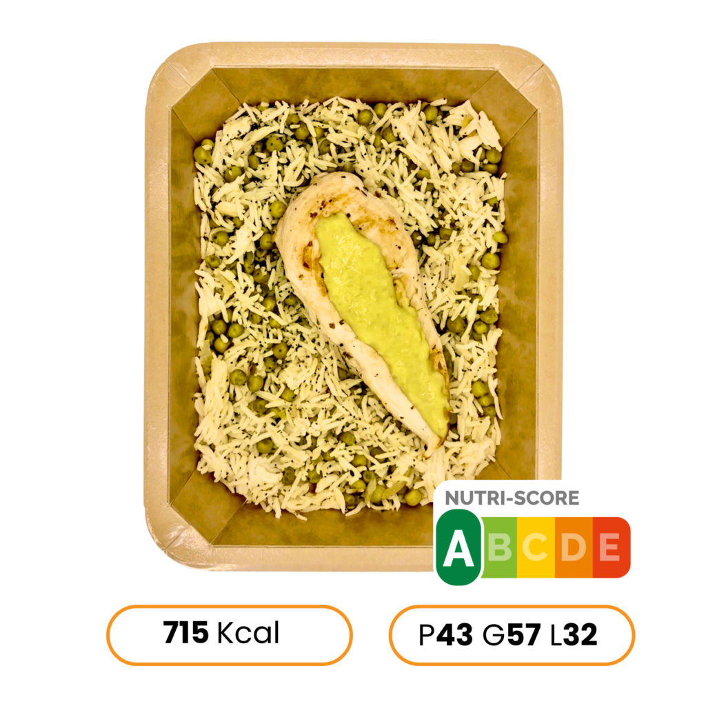 Poulet, crème de petit pois et riz sauvage