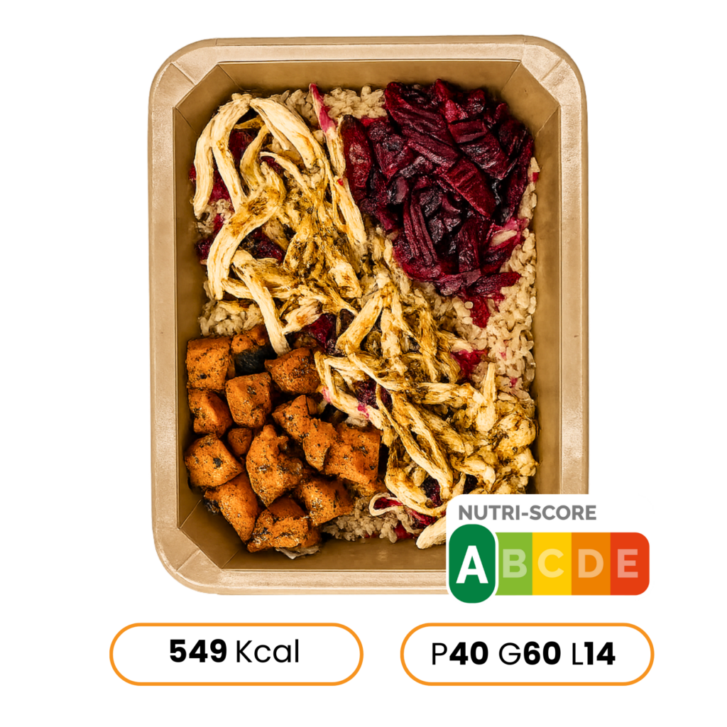 Bowl poulet effiloché, riz complet, betteraves rôties & patate douce épicée – sauce yaourt