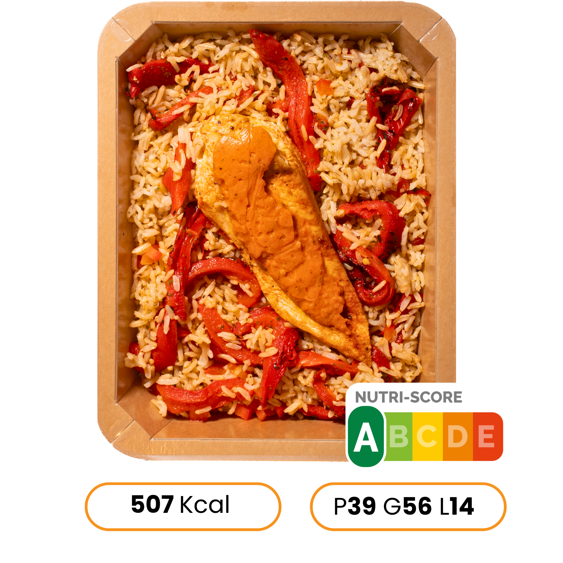 Poulet paprika fumé doux, riz et poivron