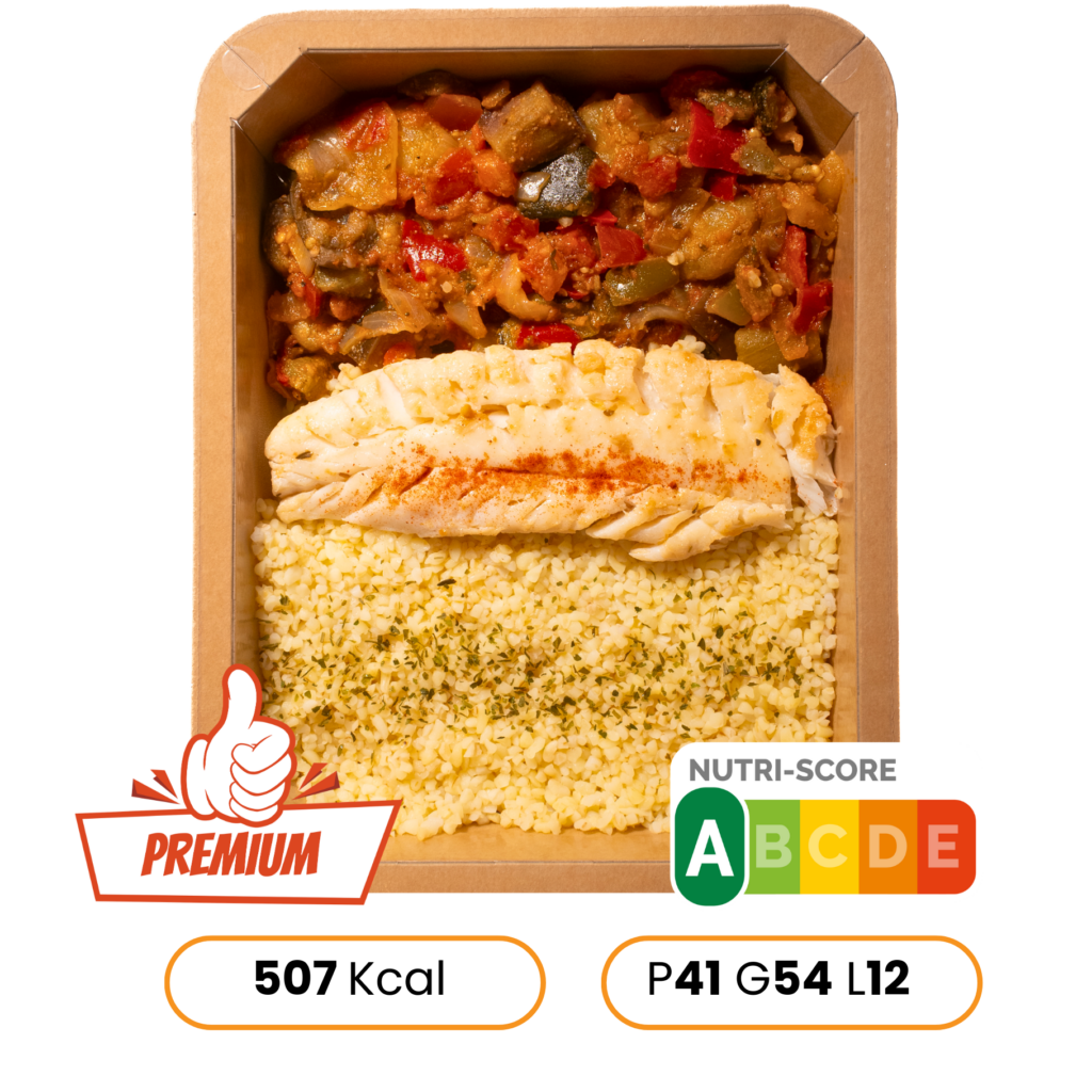 cabillaud citron herbe, boulgour, ratatouille