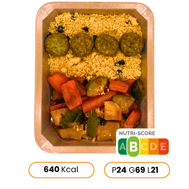Falafels au four, légumes couscous & semoule complète
