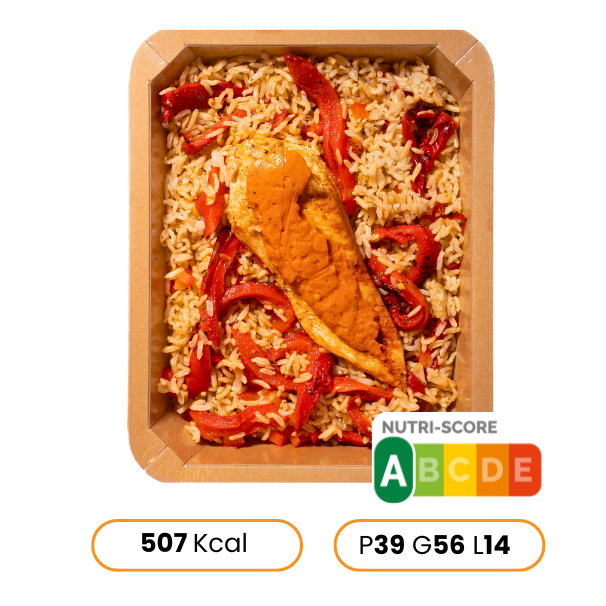 Poulet paprika fumé doux, riz brun & poivrons rôtis