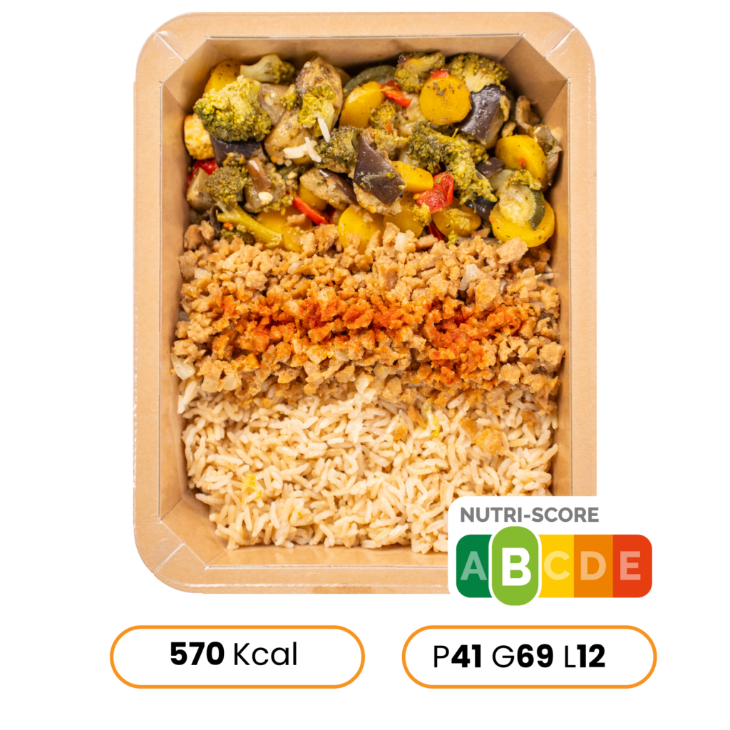 Haché végétal, riz complet & légumes grillés